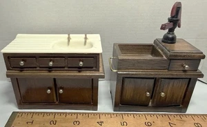 Set of 2 Vintage Sinks Dollhouse Furniture Country Brown Kitchen - Picture 1 of 13