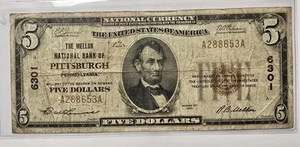 1929 $5 Mellon National Bank of Pittsburgh PA Ch# 6301 National Banknote Fine - Picture 1 of 2