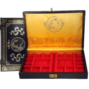 Large Vintage Jewelry Box MCM Asian Theme Black Faux Leather Velvet Compartment - Picture 1 of 10