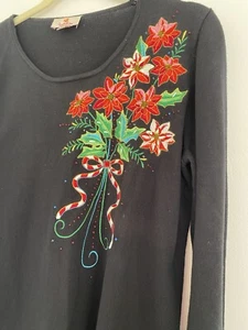 Vntg Quacker Factory Black Poinsettia Christmas Sweater Small Embroidery Beaded - Picture 1 of 9