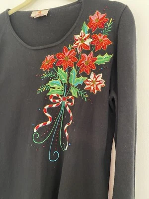 Vntg Quacker Factory Black Poinsettia Christmas Sweater Small Embroidery Beaded - Image 1 of 4