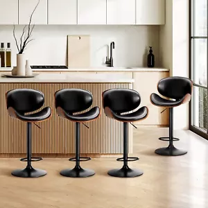 Oikiture Set of 4 Bar Stools Kitchen Stool Swivel Chair Wooden Leather Gas Lift - Picture 1 of 8