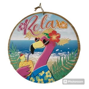 RELAX Tiki Bar Sign Wall Door Flamingo Bird Island Flowers Tropical Drinks Beach - Picture 1 of 6