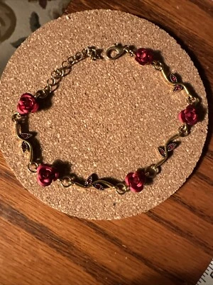 Elegant Gold Bracelet With Red Roses And Red Crystal Accents - Image 1 of 4