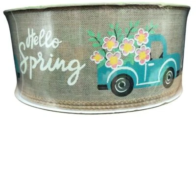 Member's Mark Wired Ribbon 2.5" Wide Hello Spring Blue Truck Flower on Burlap - Image 1 of 2