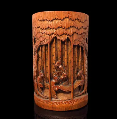 Old Antique 1850-99 Chinese Bamboo Brush Pot Bitong Hand Carved With Old People • 350$