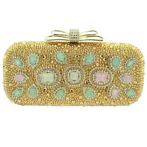 WOMEN Luxury Evening Bag HARD SHELL gold Crystal-Embellished Evening Clutch - Picture 1 of 5
