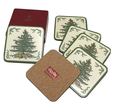 Spode CHRISTMAS TREE - Set of 6 Square Coasters w/ Cork Back 4" square with box - Image 1 of 4