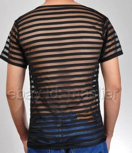 Upgraded Men's Sheer Mesh Striped Undershirt Organza T-Shirt Top Muscle Shirt  - Picture 1 of 12