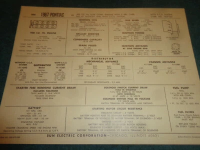 1967 PONTIAC / TEMPEST / GTO 400 V-8 ENGINE SUN TUNE-UP CHART / 2BBL CARB 265HP - Image 1 of 2