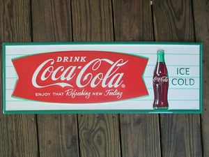 Coca-Cola Stahl Retro Werbeschild Arciform Fischschwanz horizontal mit Flasche - Bild 1 von 9