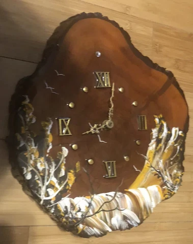 Clock battery wood slab clock writing signed front right iowa red cedar 13”x15” Cover