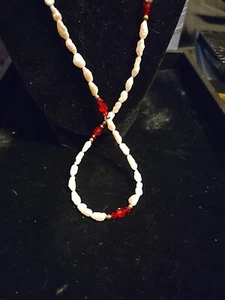 NEW Necklace Freshwater Pearl & Faux Ruby Gemstone Hand Crafted 28" Long Natural - Picture 1 of 6