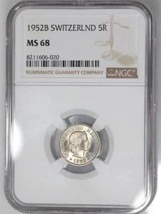 1952-B Switzerland 5 Rappen NGC MS68 - Top Pop - Picture 1 of 4