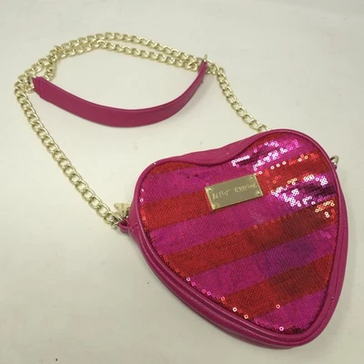 Bandolera Betsey Johnson Lentejuelas Rosa Rojo Rayas Corazón Nag Monedero Cadena Foto 1 de 4