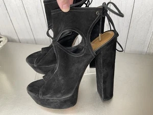 Aquazzura Firenze Suede Leather Black Platform Heels 6in Heel Tie Ankle 39.5 - Picture 1 of 8