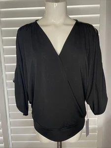 New Woman’s Jennifer Lopez Black Dolman Sleeve Faux Wrap Blouse Top Size Medium - Picture 1 of 19