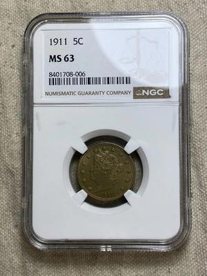 1911 LIBERTY "V" NICKEL NGC MS 63 NICE GOLDEN TONE WELL STRUCK UNCIRCULATED - Image 1 of 4