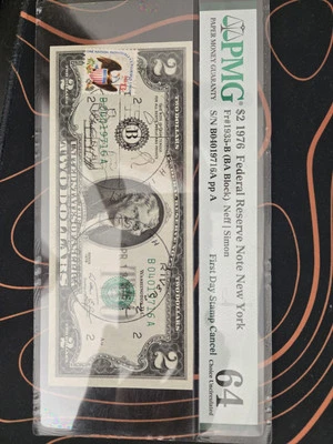 PMG $2 1976 Federal Reserve Note NEW YORK Fr#1935-B(BA Block) First Day Stamp... - Image 1 of 2