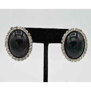 Vintage Cabochon Ohrringe klobig oval schwarz Strass Kristall Neu aus altem Lagerbestand 80er Jahre 9F - Bild 1 von 7