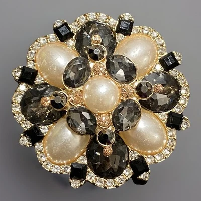 Broche Moderno Tono Dorado Gris Ahumado Piedras Imitación Perla Cabujón 1.75" Largo Foto 1 de 4