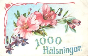 1000 Hälsningar 1000 Grüße Blumen auf einem Ast 1908 schwedische gestempelte Postkarte - Bild 1 von 2
