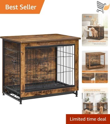 Dog Crate Furniture Alloy Steel Wood 27.2 Inch Rustic Brown Indoor Kennel - Image 1 of 4