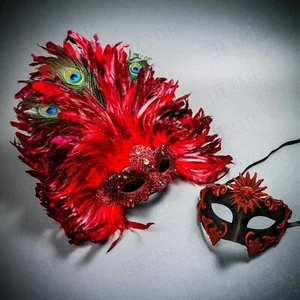 Venetian Sun God w/ Luxury LARGE Top Feather Masquerade Couple Party Mask Red - Picture 1 of 3