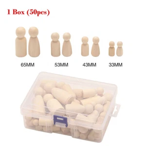 Preciosa figura de muñecas clavija de madera sin pintar 50 piezas con caja manualidades para niños hágalo usted mismo 33-65 mm - Imagen 1 de 8