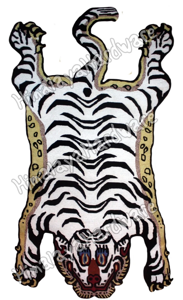 羊毛藏虎地毯镂空白色毛皮条纹橙色西藏尼泊尔 — 第 1/1 张图片