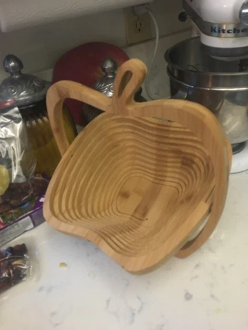 Apple Shaped Folding Collapsible Wooden Basket Fruit Bowl 12 x 11 inches Cover
