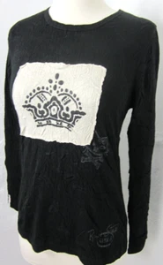 Kisca by Komarov Top Size M Black Graphic Crown Patchwork Crinkled Long Sleeve - Picture 1 of 7