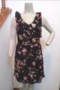Nuevo con etiquetas Vestido Para Mujer 6 Bustos 34 Pullover Forrado Negro Flores Volantes Cuello en V Cintura Corbata - Imagen 1 de 7