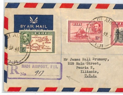 FIJI Air Mail 1949 Cover *NADI AIRPORT* Registered KGVI 1s/5d 2½d 1½d USA XC378 - Image 1 of 4