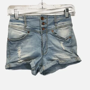 Indigo Rein Shorts Womens 5 Blue BF Mid-Rise Muffin Topper Distress Denim C - Picture 1 of 5