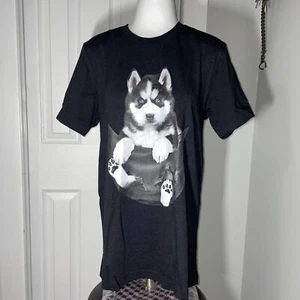 NEW Bella + Canvas Cotton Mens Black Short Sleeve T-shirt M Husky Puppy - Picture 1 of 5