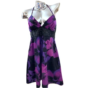Vintage Y2K Satin Babydoll Dress Sz 11 Purple Empire Waist Sequins Whimsigoth - Picture 1 of 18