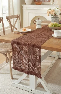 Vintage Knitted Lace Table Runner Tassel Rustic Dining Home Kitchen Deco Gift - Image 1 of 4