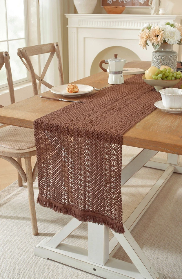 Vintage Knitted Lace Table Runner Tassel Rustic Dining Home Kitchen Deco Gift - Image 1 of 4