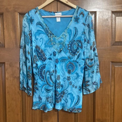 Blusa Top Vintage Moda Bug Para Mujer Talla XL Azul Floral Cuello en V 100% Seda Foto 1 de 4
