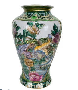 Vaso pavone floreale Moriage dipinto a mano cinese vintage primi '00 numerato - Foto 1 di 10