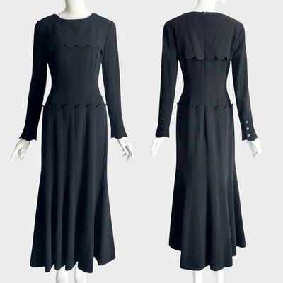 Vintage 1990s Karl Largerfeld Black Wool Scalloped Trim Maxi Dress Long Sleeve - Image 1 of 4