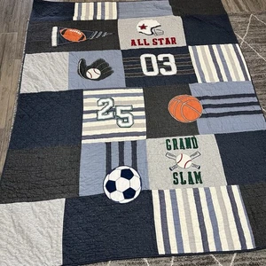 Pottery Barn Kids Sports Appliqué Embroidered Quilt Reversible Patchwork Twin - Picture 1 of 7