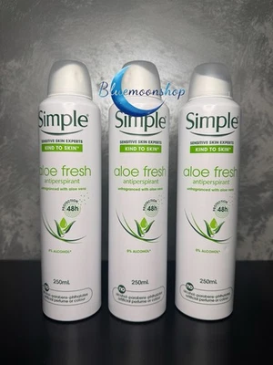 3 x 250ml SIMPLE ALOE FRESH Unfragranced Antiperspirant Deodorant Spray - Image 1 of 2