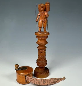 Antique Black Forest Spool & Needle Case, Hiking Figure ++ Treen Measuring Tape - Picture 1 of 9