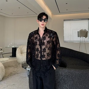 Men Gay Jacquard Mesh See-through Shirt Button Blouse Floral Sheer Top Club Lace - Picture 1 of 20
