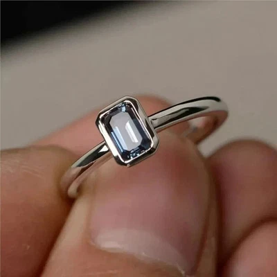 1.10 Ct Color Change EmeraldCut Alexandrite Minimalist Ring 14k solid white Gold - Image 1 of 4