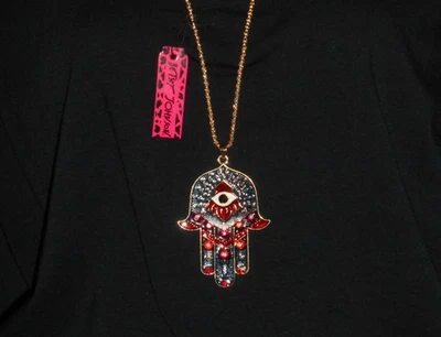BETSEY JOHNSON Hamsa Hand Palm Evil Eye Crystal Pendant Necklace NWT NEW - Image 1 of 4