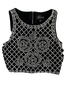 Xscape Black Sequin Embellished Beaded Crop Top - Picture 1 of 13