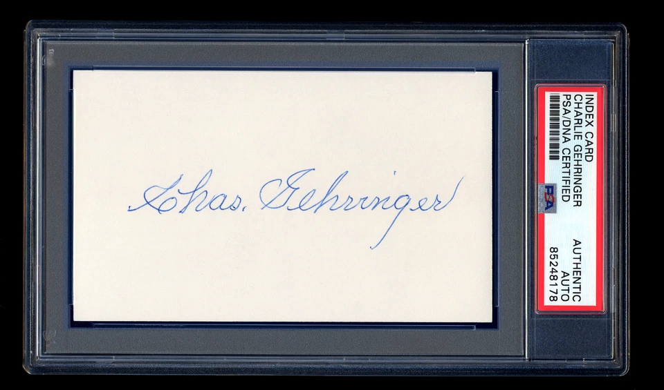 CHARLIE GEHRINGER SIGNED MINT INDEX CARD PSA/DNA AUTOGRAPHED HOF TIGERS 1937 MVP - Image 1 of 1